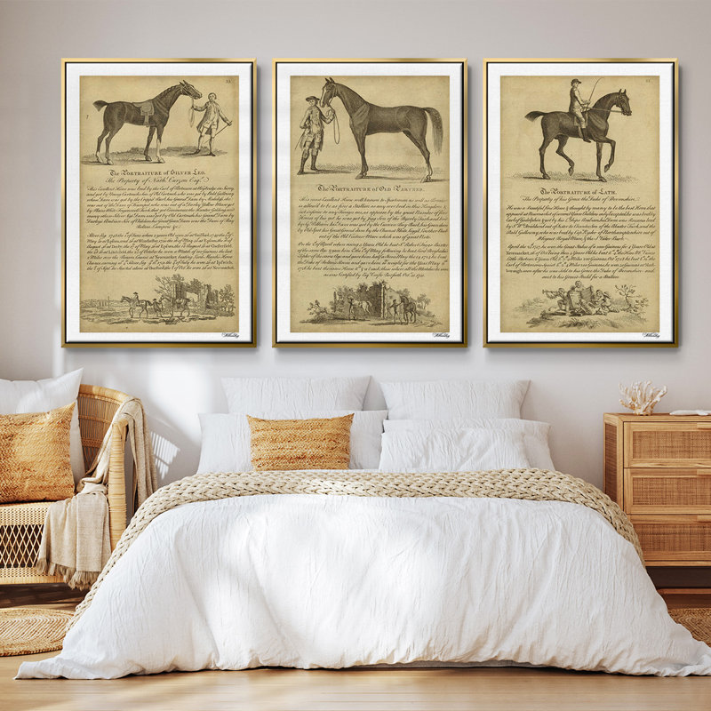 Portrait de cheval I 3 pièces, Encadrement doré, H 40 po x l 78 po