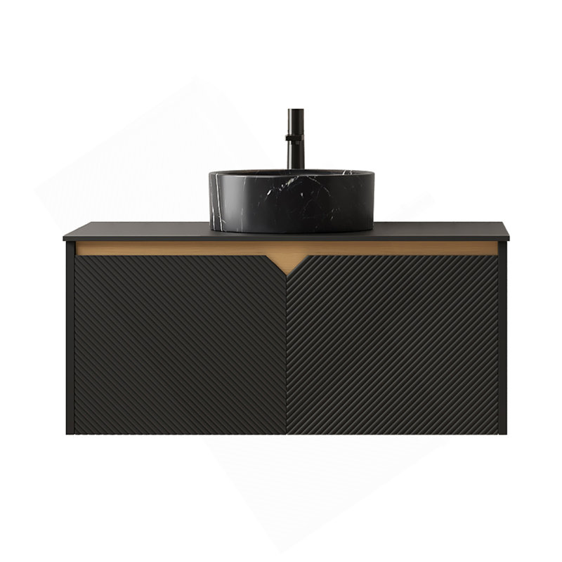 Meuble-lavabo et lavabo 36 po, armoire de rangement flottante murale en contreplaqué, portes doubles en sergé avec garniture en métal, vasque ronde en céramique noire avec motif en pierre et plateau en pierre frittée noire, noir