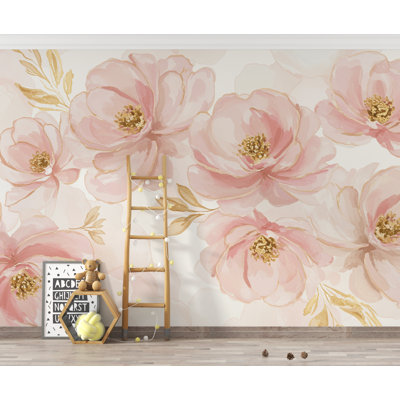Couture Floral Watercolor Wallpaper – Luxury Panoramic Botanical Design in Blush, Champagne & Gold