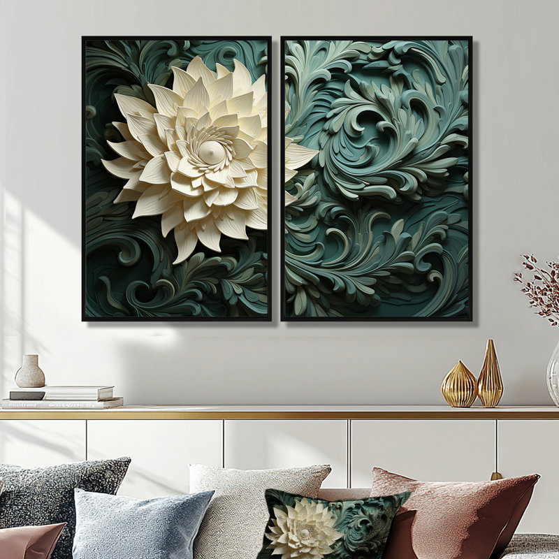 Green Harmonious Helix - Abstract Spirals Oversized Canvas Wall Art 2-Panels, Black, 36" H x 48" W