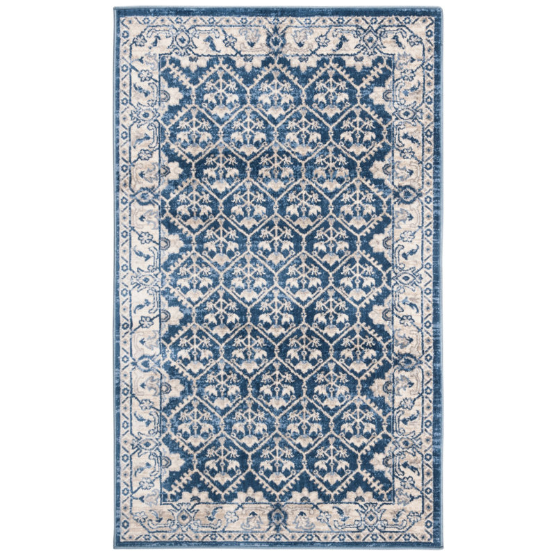 Asucena Oriental Navy/Light Gray Area Rug, Rectangle 2' x 4'