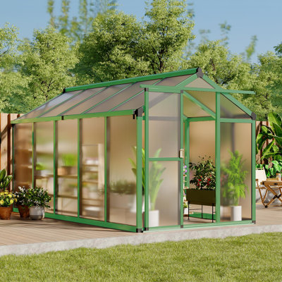 Outdoor Greenhouse with Aluminum Frame and Polycarbonate Panels, Roof Vents, Sliding Doors for Gardens and Backyards
