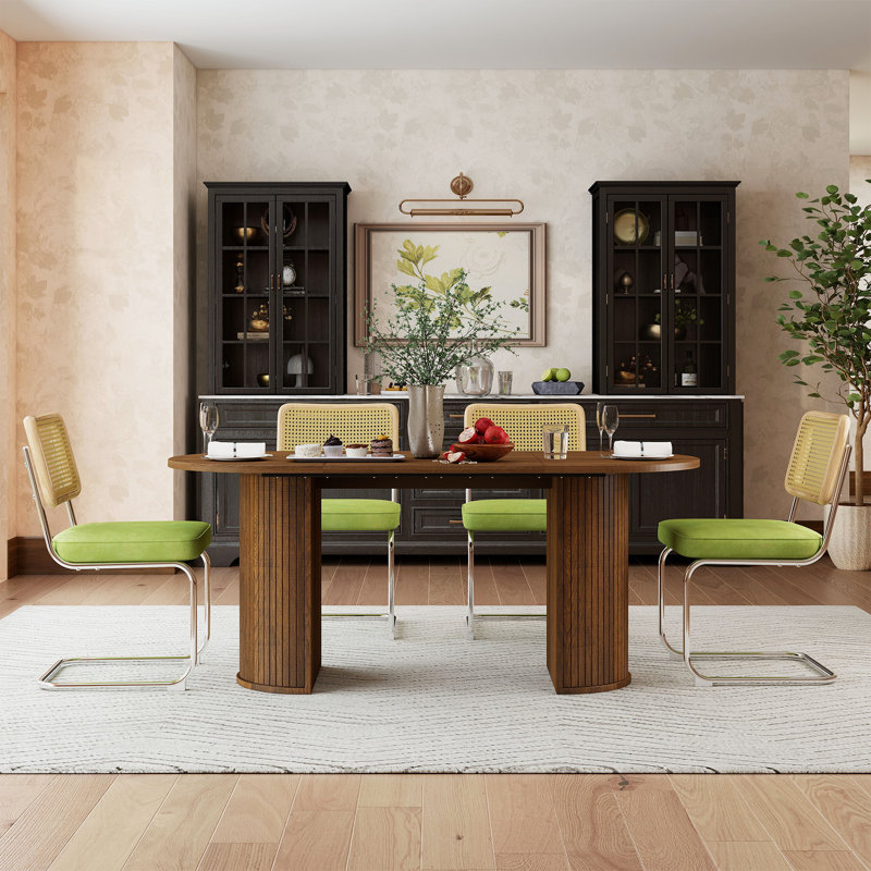 6 - Person Dining Table Sets With 70.8'' Oval Dining Table & 4 Upholstered Rattan Dining Chairs, Brown, Green/Light Brown