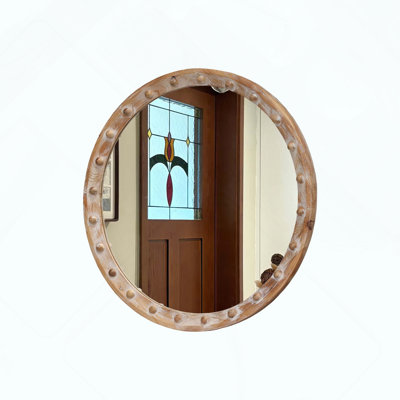 Vintage Rustic Round Wall Mirror, Distressed Wood with Rivet Detail
