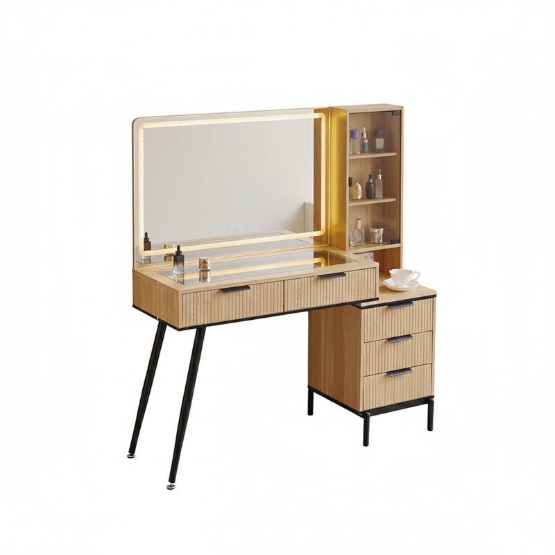 Bureau de coiffeuse avec miroir lumineux 3 couleurs, 5 tiroirs et prise de courant intégrée, Naturel, Noir