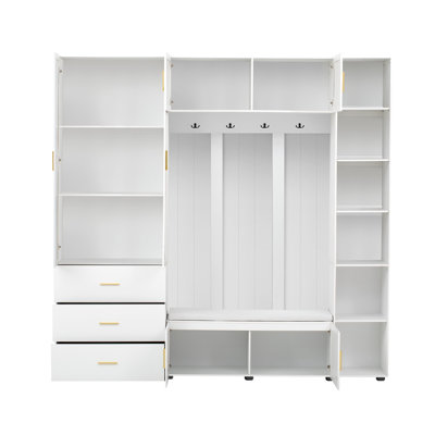 American Style 4-in-1 Hall Tree with Padded Bench, 4 Hooks, and Adjustable Storage Shelves, for Mudroom, Hallway