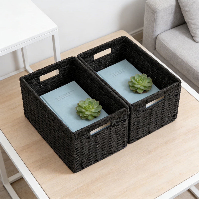 Foldable Storage Baskets 2-Pack, Handwoven Paper Rope Organizer Bins With Handles For Home Organization, Collapsible Rectangular Bins For Pantry, Bathroom, Shelf, And Toy Storage