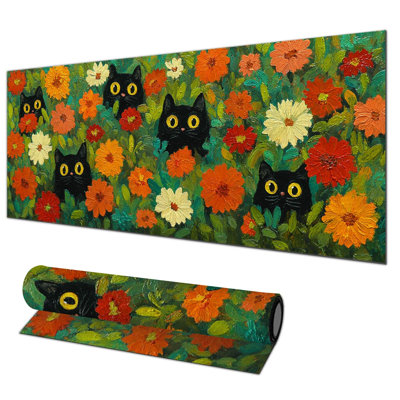 Tapis de souris de jeu grand format en diatomite XL, idéal pour la maison et le bureau. Motif de chat et de fleurs colorées, 40 x 90 cm. Tasse blanche offerte.