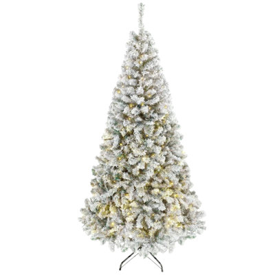 7.5 ft Pre‑Lit Flocked Fraser Fir Artificial Christmas Tree, Hinged Branches with Integrated LED Lights, Foldable Metal Base in Green and White Winter Finish