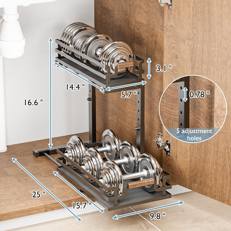 Organisateur sous l'évier avec rangement coulissant à 2 niveaux, hauteur réglable, fabrication en acier robuste pour l'organisation de la salle de bain et des armoires de cuisine