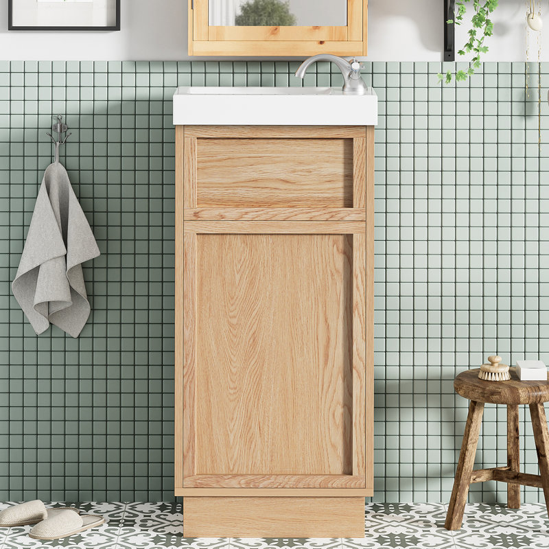 Meuble-lavabo de 15,75 po avec lavabo réversible en résine, armoire en panneau de fibres à densité moyenne avec tablette réglable et porte à pousser, finition en mélamine grain de bois, porte réversible, style rustique pour petits espaces