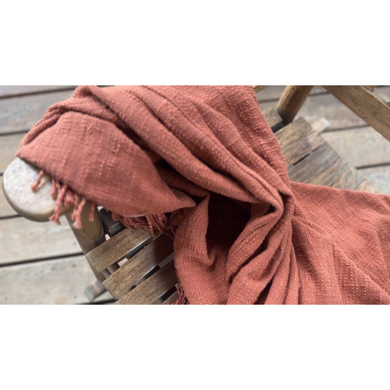 Handwoven Rust Cotton Fringe Throw Blanket