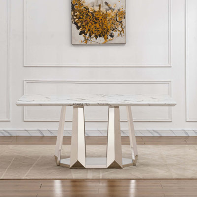 Modern 70'' Faux Marble Dining Table with Polished Edges and Stainless Steel Base, Ideal for Elegant Gatherings and Versatile Use.