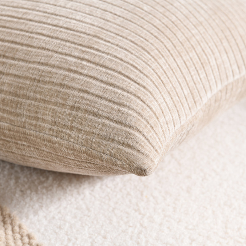 Soft Chenille Stripes Solid Cushion Cover Cozy Neutral Farmhouse Pillow Covers, Beige, Square 20"