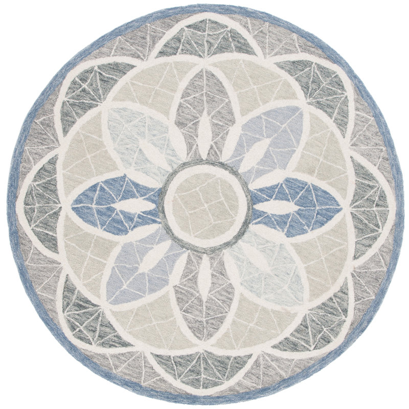 Tapis floral en coton touffeté gris / bleu Sharitta, Rond 4 pi