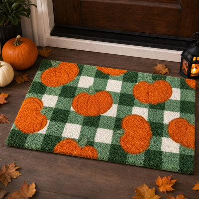 Fall Decor Green  Plaid Pumpkin Doormat Fall  Welcome Mat  Front Door Decorative Floor Mat