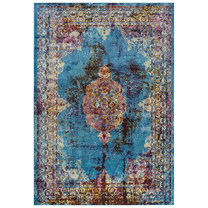 Tapis bleu/brun tissé à la machine Elliot, Rectangle 7 pi 6 po x 9 pi 5 po