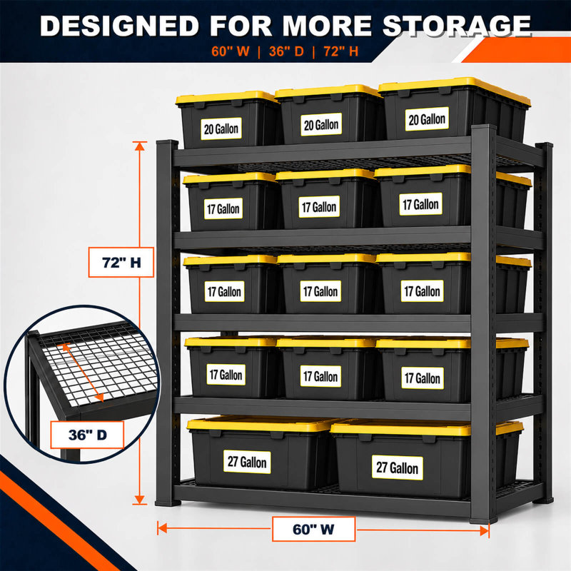 Étagère de garage réglable en acier à 5 niveaux de 91 cm de profondeur avec support de rangement pour bacs, idéale pour les entrepôts, les garde-manger et les espaces utilitaires.