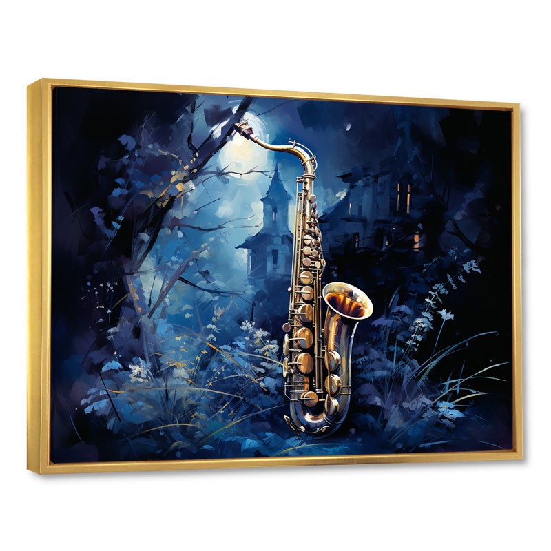Saxophone bleu minuit - musique encadrée, art mural, Cadre flottant doré, H 34 po x l 44 po x P 1,5 po