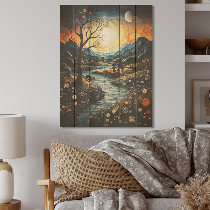 Coucher de soleil fantaisiste au bord de la rivière - Lake River, art mural sur bois de pin naturel, H 20 po x l 10 po