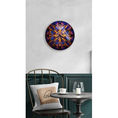 Luminous Blue and Orange Kaleidoscope Pattern Tempered Glass Silent Wall Clock