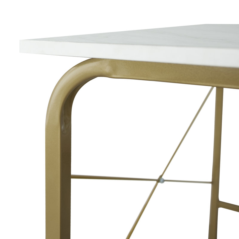 Chazael 40" Modern Desk with Marble Top Effect and Brass-Finished Metal Base, Compact Home Office or Vanity Table