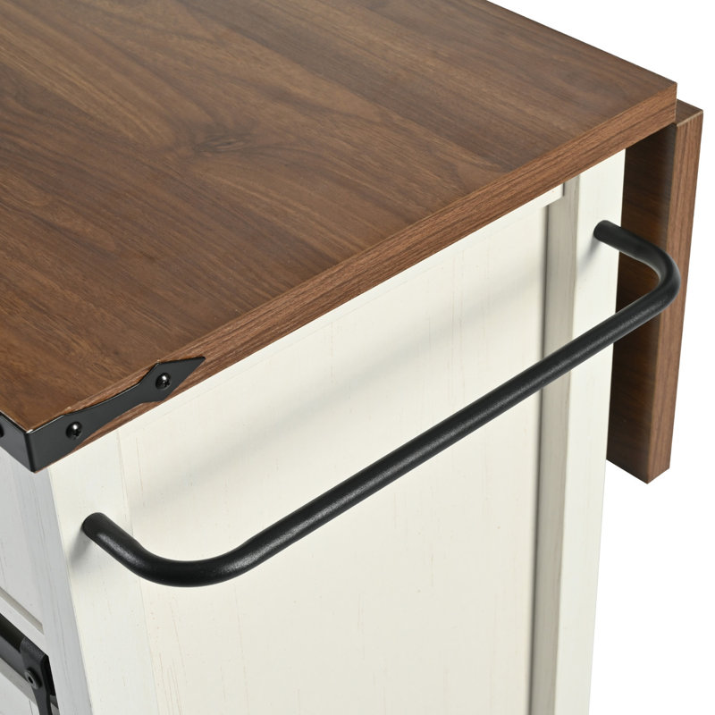 53.7-Inch Farmhouse Island Table With Power Outlet, Foldable Tabletop + Spice Rack, White Portable Model.