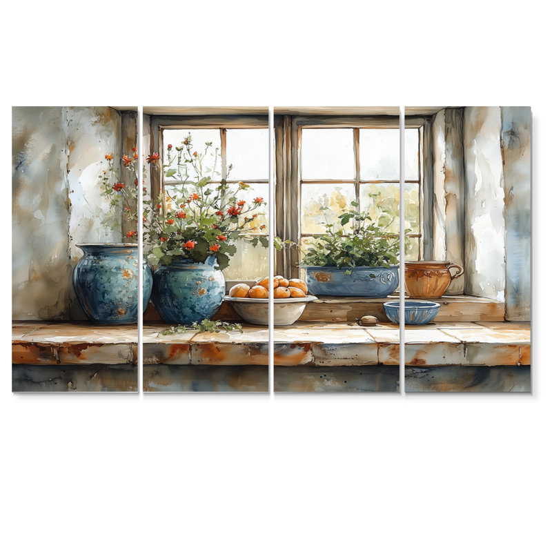 Ensemble de décorations murales poteries florales bleues à la ferme IV - Boho Pottery, H 28 po x l 48 po
