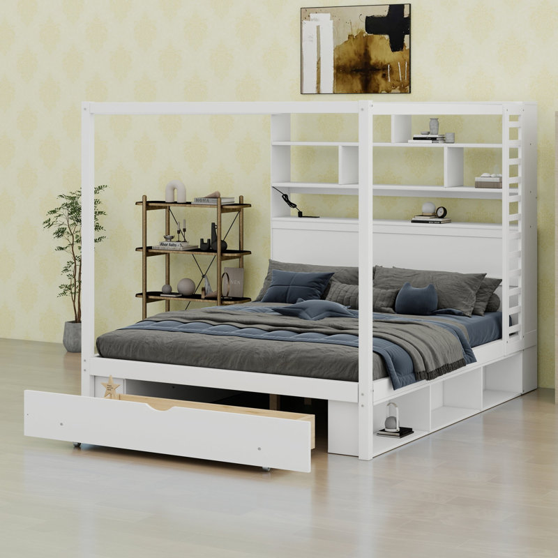Cadre de lit à baldaquin avec tête de lit bibliothèque, port USB, éclairage DEL et rangement sous le lit, Queen, White