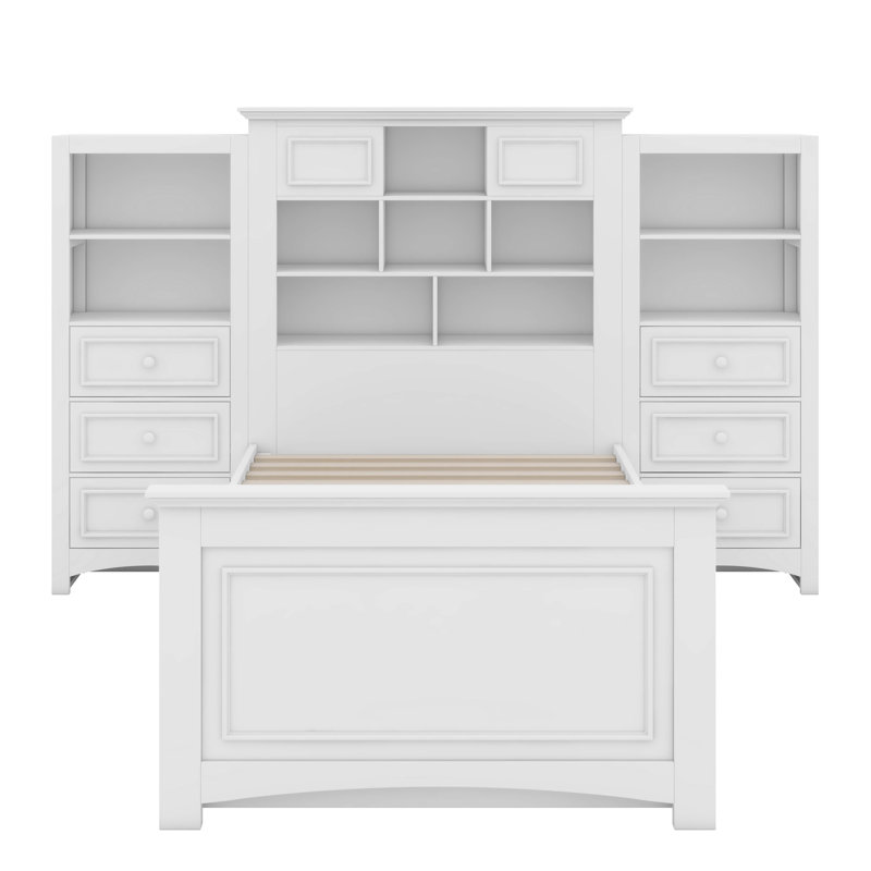 Cattrall Twin Size Wood Platformbed with Vertical All-in-One Cabinet and 4 Drawers, White