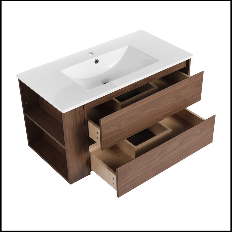 Meuble-lavabo mural 36 po avec lavabo en céramique, Chêne brun