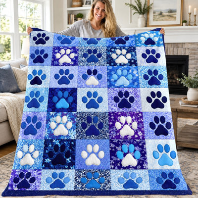 Couverture courtepointe à motif pattes de chien (1 pièce), couverture en flanelle bleue à motifs pattes, ultra douce, confortable, légère et chaude, idéale pour canapé, lit, salon, chambre d'étudiant, bureau, voyage, décoration intérieure, courtepointe toutes saisons, lavable à la machine, cadeau de pendaison de crémaillère pour les fêtes