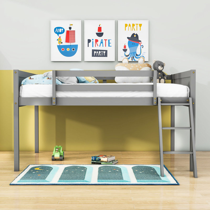 Lit mezzanine en bois avec échelle Janicka, Complète, gris