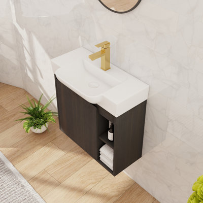 24" Bathroom Vanity Set, Single Wall Mounted Bathroom Vanity With Ceramic Basin Sink Top, Floating Vanity With 1 Door And Shelf