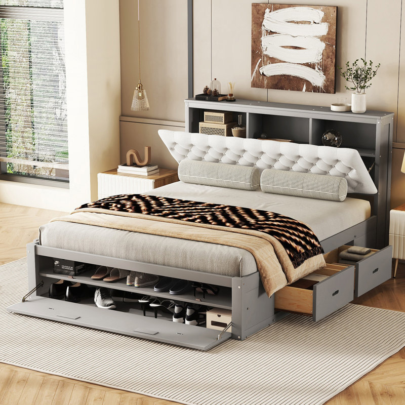Platform Bed with Storage Headboard, shoe rack and 4 drawers, Gray