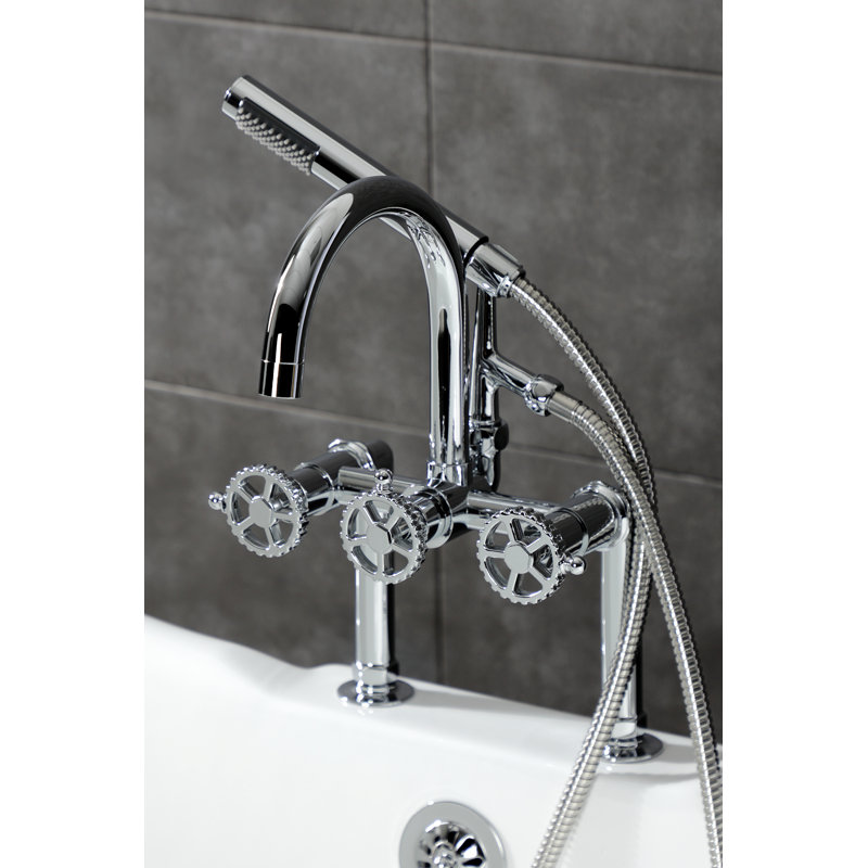 Kingston Brass Fuller Three-Handle 2-Hole Deck Mount Clawfoot Tub Faucet with Hand Shower, Silver