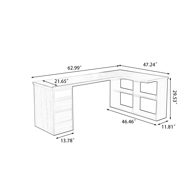 Bureau en bois massif en forme de L brun noyer avec 3 tiroirs, H 29,53 po x l 62,99 po x P 47,24 po, Retour à droite