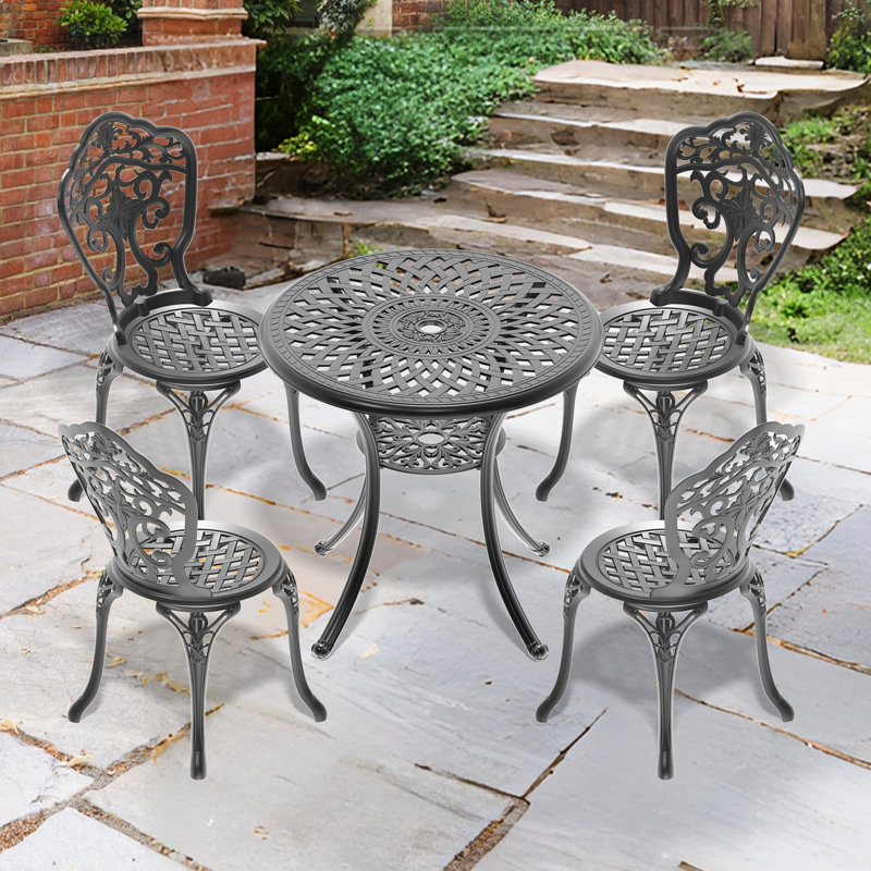 Ensemble 5 pièces de salle à manger en aluminium noir, pieds coulissants, ensemble coulé en toutes saisons, confortable et facile à installer, cadre noir, apparence élégante, siège protégé et ergonomique