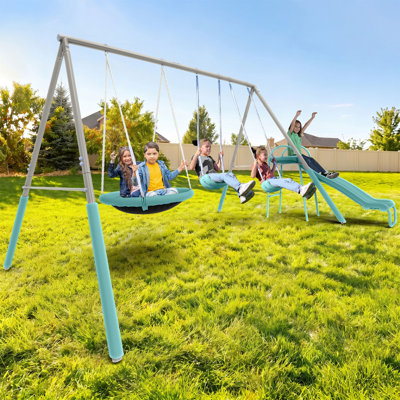 Sportspower Super Fun Metal Swing Set with Padded Saucer Swing & Lifetime Warranty on 5' Slide