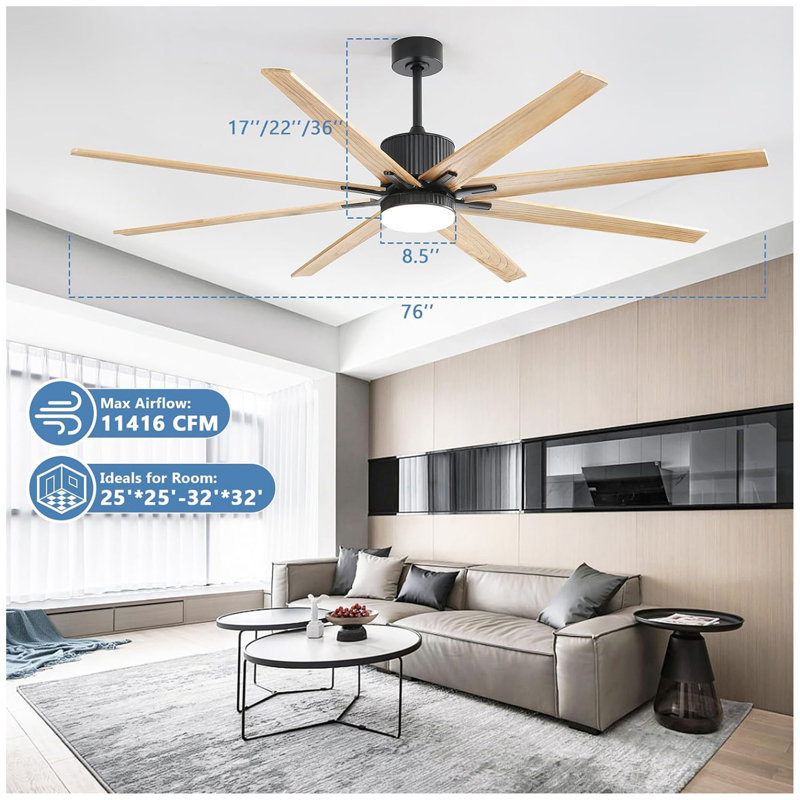 Ventilateur de plafond 76 pouces avec 18 lumières à DEL à intensité variable de 18 W pour le salon, Naturel