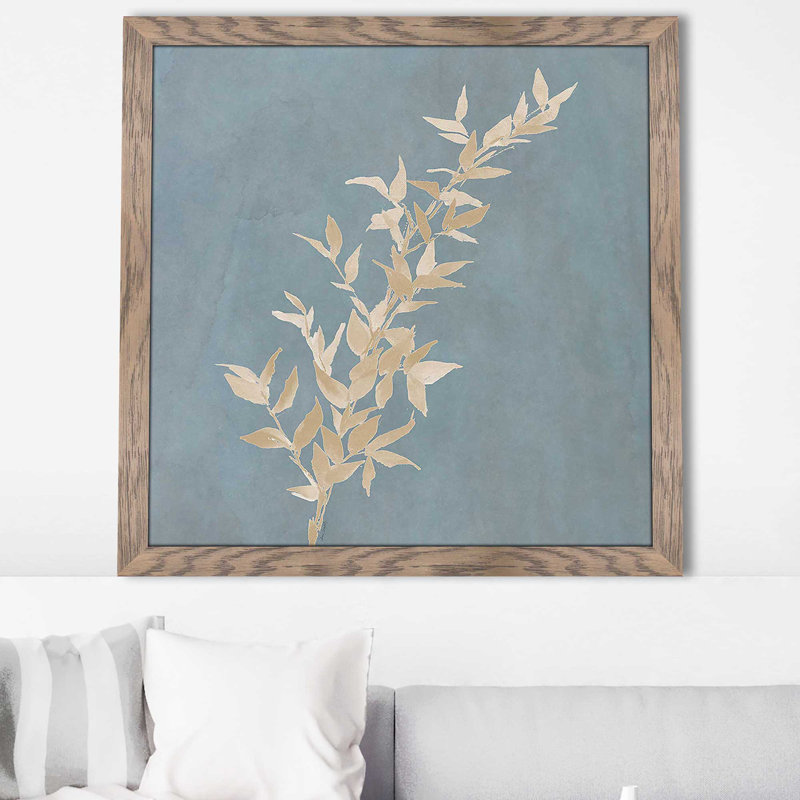 «Tan Leaf on Blue Square III» par Lanie Loreth, Cadre taupe délavé, H 31,5 po x l 31,5 po x P 1 po