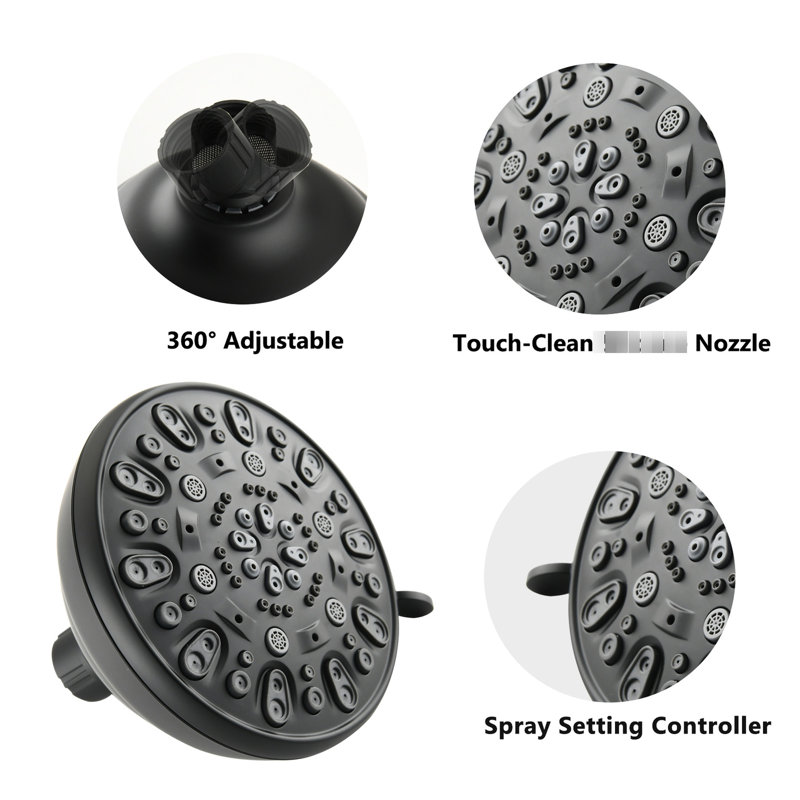 Tête de douche noire matte de 4,72 po de hauteur - 6 réglages, grand jet, colmatage de débit de 1,8 gallon par minute,