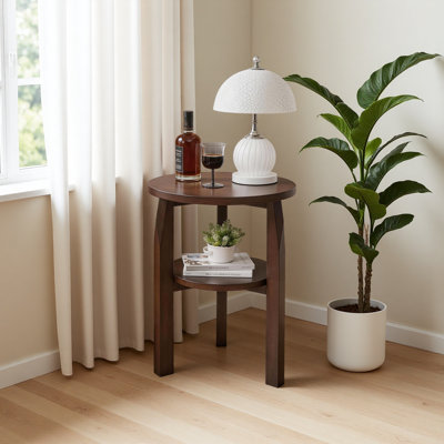 Table de bout ronde en bois d'hévéa massif, table d'appoint à 2 niveaux avec tablette de rangement, petite table d'appoint pour le salon, la chambre à coucher