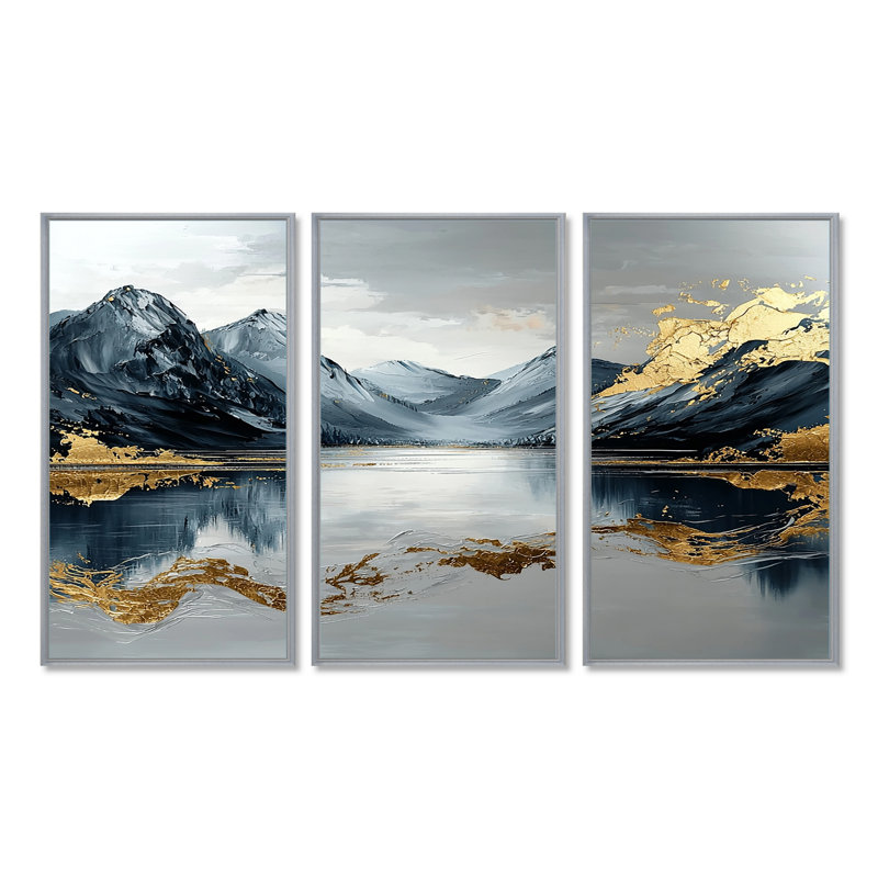 Ensemble de décorations murales bleues et dorées Loch Ness Mist - Écosse, Toile argentée avec cadre flottant