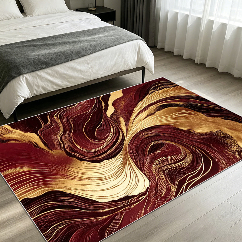 Tapis à motif abstrait tourbillon fluide 1pc bourgogne doré pour le salon, doux et confortable, convient à toutes les saisons, facile à entretenir, lavable à la machine, tapis de dessous de table convenant à la table à manger, à la chambre à coucher, au vestibule de la cuisine, à la maison