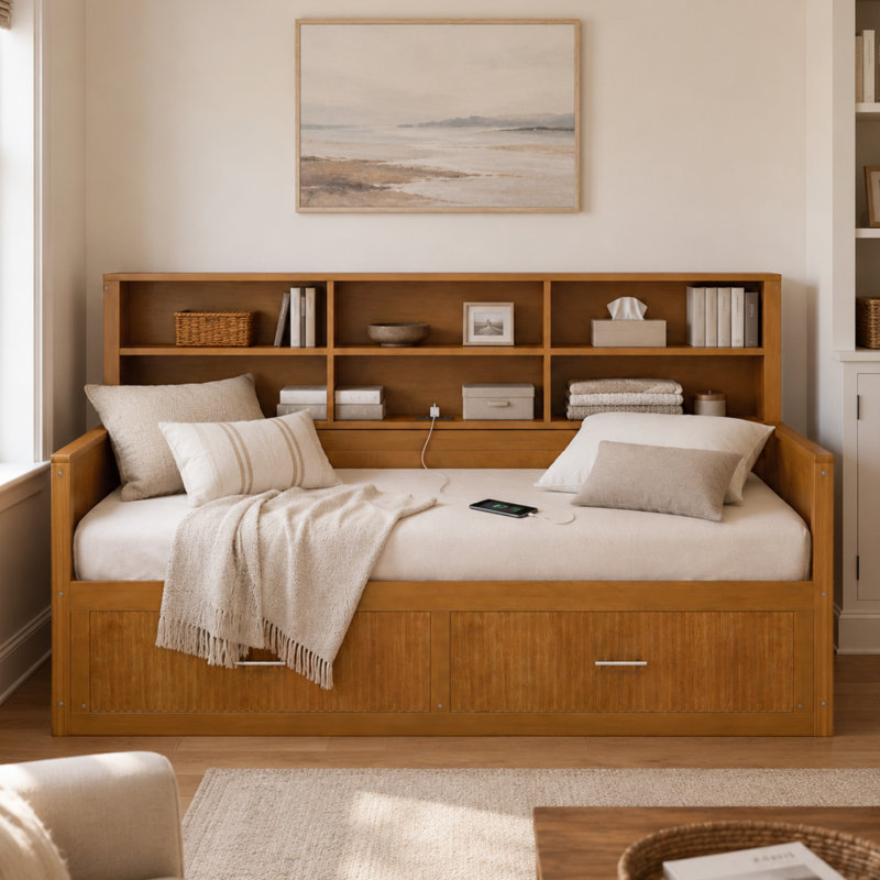 Lit de jour en bois (taille simple), design à panneaux cannelés, avec 6 étagères de rangement de chevet et 2 tiroirs de rangement, station de recharge, sommier à lattes en bois, sans sommier tapissier, finition noyer.