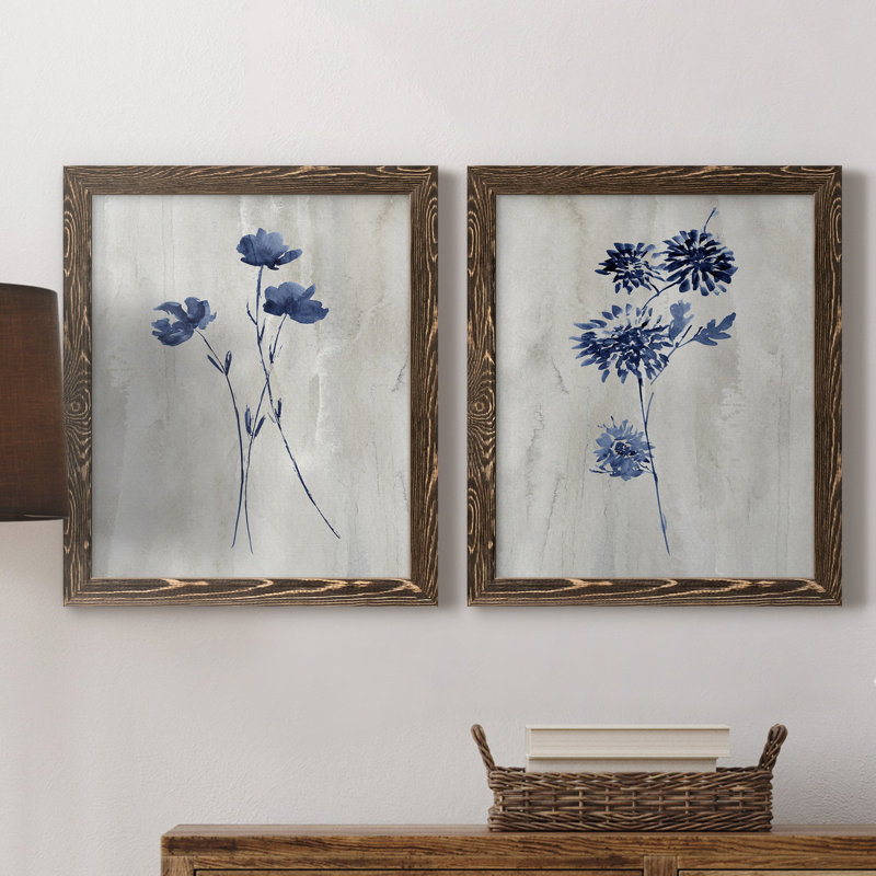 Indigo Botanical III - ensemble de 2 reproductions d'impressions, Pas de tapis, Toile avec cadre en noyer