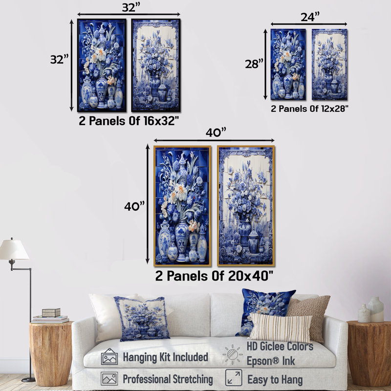 Blue And White Boho Flower Pottery I - Boho Pottery Wall Art Living Room Set Of 2, 28" H x 25" W, Wrapped Canvas