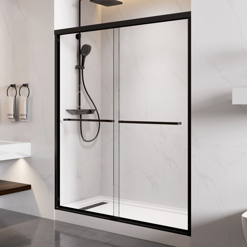 Morvano 56–60” W x 72” H Semi-Frameless Double Sliding Shower Door with Clear Tempered Glass & Matte Black Towel Bars