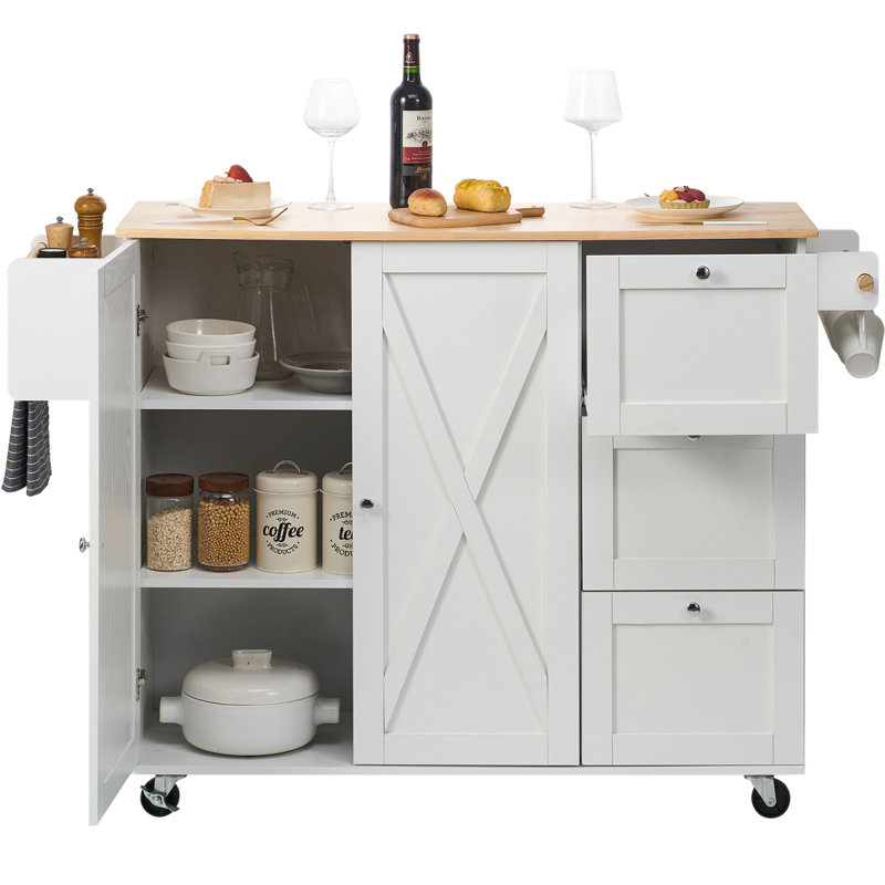 Kitchen Island Cart With Solid Wood Top, 45.3" Width Mobile Carts With Storage Cabinet, Rolling Kitchen Table With Spice Rack, Towel Rack, Drop Leaf And Drawer, Portable Islands On Wheels, White